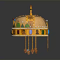 Golden Decorative Crown With Cross Top Colored Gemstones And Religious Portraits Tassels