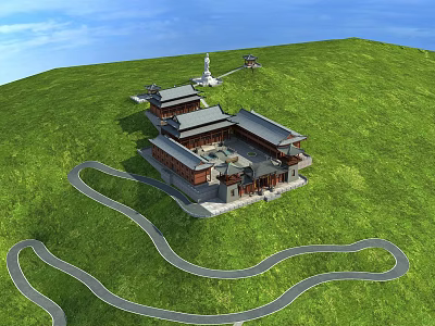 Ancient Architectural Complex on Green Hill With Winding Roads and White Pagoda 3d model