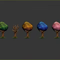 Colorful Trees with Pink Blue Orange Green Canopies and Brown Branched Trunks on Dark Background