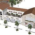 Traditional European Commercial Street Featuring Red Roofs Arcades Plaza Trees And Shops