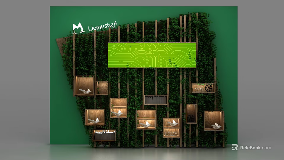 Green Background Wall With Wooden Strips Green Panel Wooden Frames Paper Cranes And Plants 3d model 