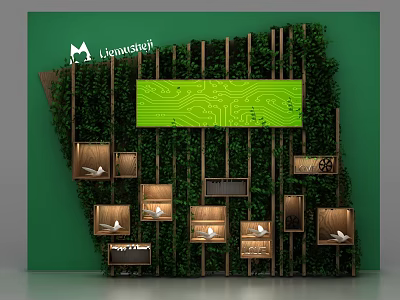 Green Background Wall With Wooden Strips Green Panel Wooden Frames Paper Cranes And Plants 3d model