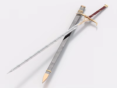 Two Crossed Swords with Silver Metallic Blades and Ornate Red Gold Handles on White Background 3d model