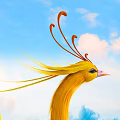 Golden Phoenix Flying High in Blue Sky with Fluffy Clouds and Vibrant Feathers