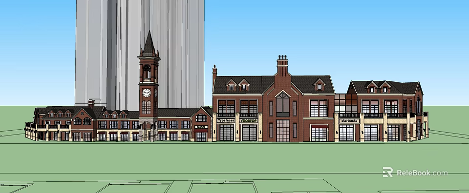 Commercial Complex Architectural Design Featuring Clock Tower Red Brick Buildings And Shops 3d model 