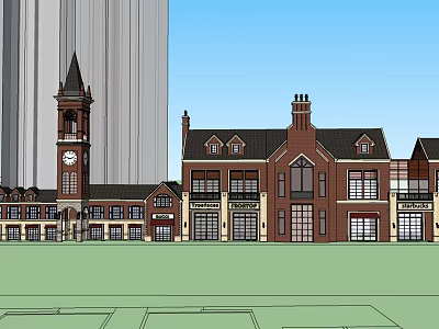 Commercial Complex Architectural Design Featuring Clock Tower Red Brick Buildings And Shops 3d model