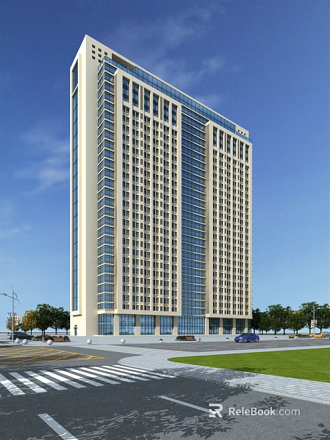 Modern High Rise Office Building With Glass Curtain Walls Windows Trees Vehicles And Blue Sky 3d model 