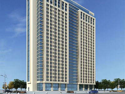 Modern High Rise Office Building With Glass Curtain Walls Windows Trees Vehicles And Blue Sky 3d model