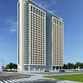 Modern High Rise Office Building With Glass Curtain Walls Windows Trees Vehicles And Blue Sky