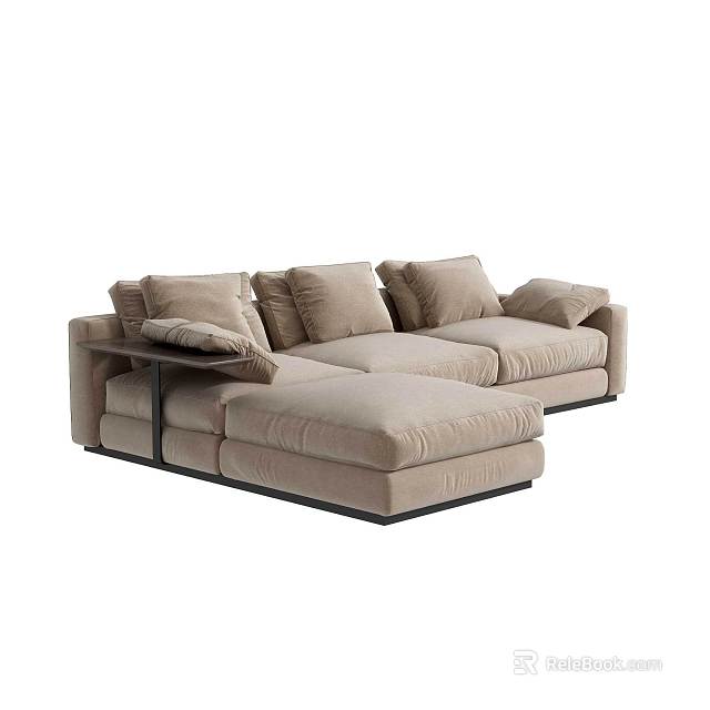 Beige Upholstered Sectional Sofa With Plush Cushions And Side Table Modern Design 3d model 