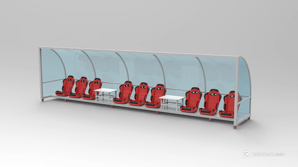 Football Stadium Covered Player Bench Area With Red Seats And White Tables 3d model 