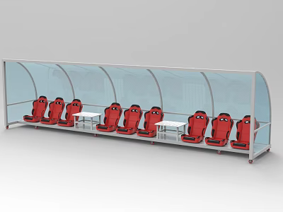 Football Stadium Covered Player Bench Area With Red Seats And White Tables 3d model