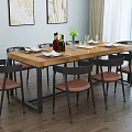 Modern Wooden Dining Table Set with Black Chairs Brown Seats and Dinnerware 3d model