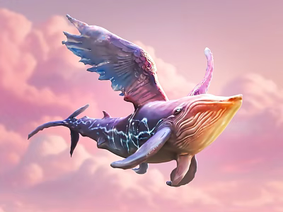 Mythical Flying Whale Creature With Colorful Wings Soaring In Pink Clouds Sky 3d model