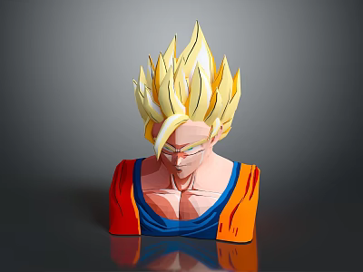 Anime Character Bust Sculpture With Golden Spiky Hair Muscular Torso Blue Orange Outfit 3d model