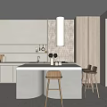 Modern Minimalist Kitchen Interior With Neutral Gray Cabinets Wooden Wall Island Counter And Bar Stools