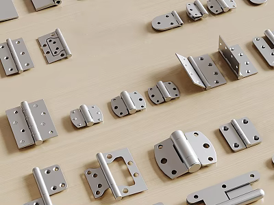 Various Metal Hinges of Different Sizes Laid on Wooden Surface 3d model