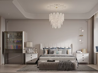 Elegant Bedroom Interior With Crystal Chandelier Bedside Tables Display Cabinet And Area Rug 3d model