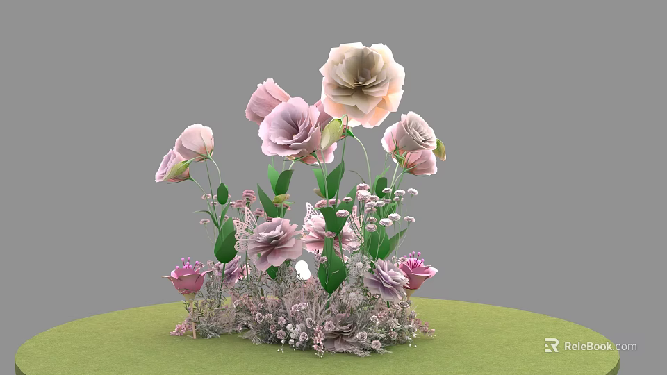 Beautiful Floral Arrangement With Pink And Light Pink Flowers Green Leaves On Green Grass 3d model 