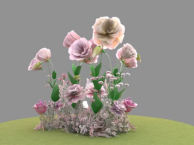 Beautiful Floral Arrangement With Pink And Light Pink Flowers Green Leaves On Green Grass 3d model