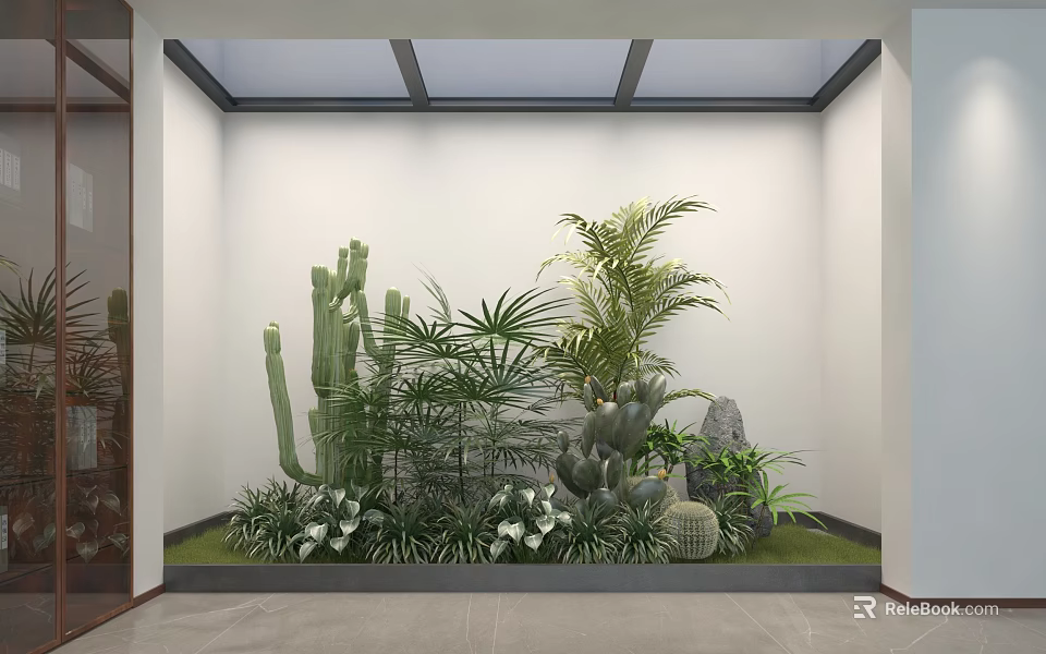 Indoor Garden with Cactus Palm Succulents Stone Grass and Glass Skylight White Wall 3d model 