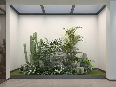 Indoor Garden with Cactus Palm Succulents Stone Grass and Glass Skylight White Wall 3d model