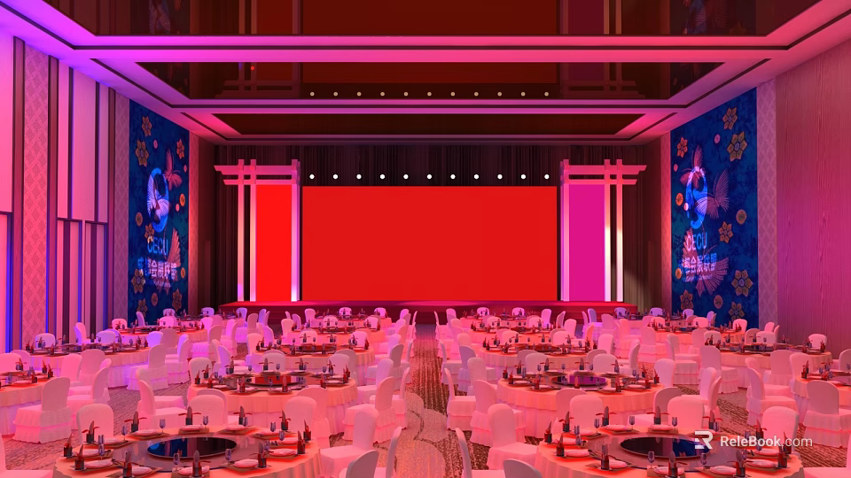 Elegant Banquet Hall Interior With White Tables Chairs Red Stage Screen And Purple Lighting 3d model 