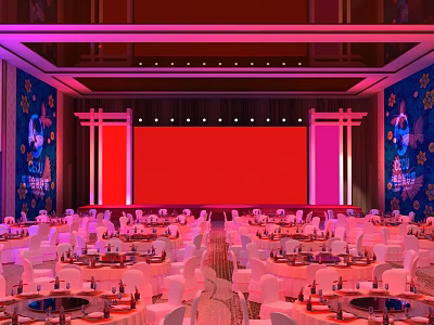 Elegant Banquet Hall Interior With White Tables Chairs Red Stage Screen And Purple Lighting 3d model