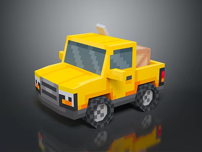 Yellow Pixel Art Toy Truck With Package In Bed On Dark Background Surface 3d model