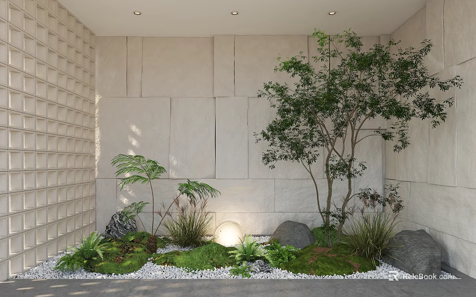 Creative Garden Feature Design with Various Plants Stones Pebble Ground and Lighting 3d model