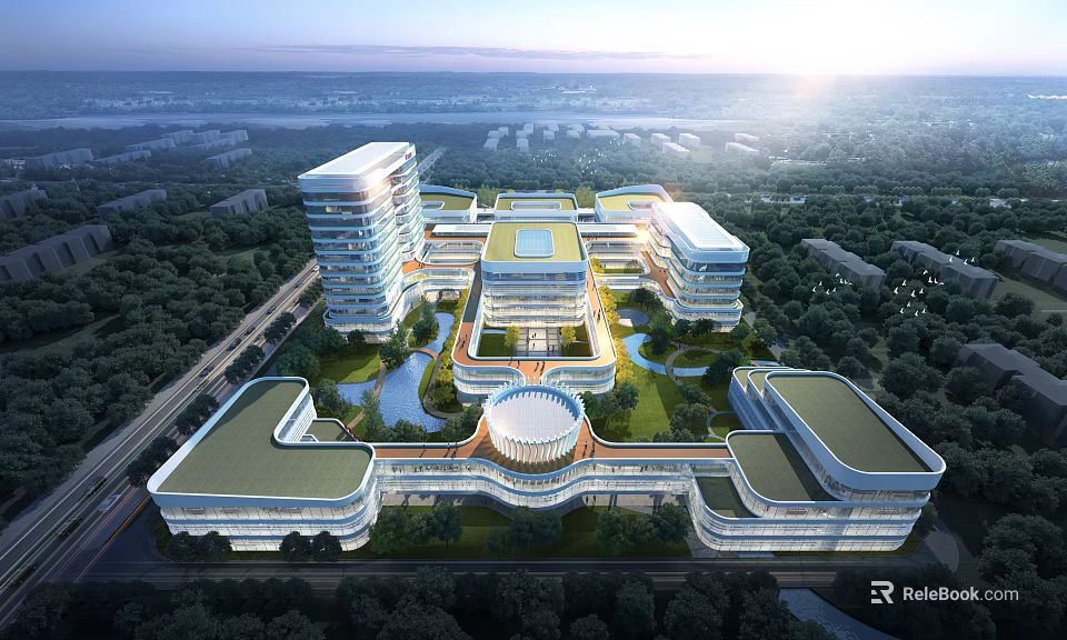Aerial View Of Modern Large Hospital Building With Green Roof Surrounding Greenery And Water Features 3d model 