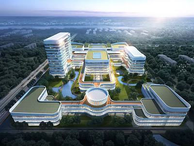 Aerial View Of Modern Large Hospital Building With Green Roof Surrounding Greenery And Water Features 3d model