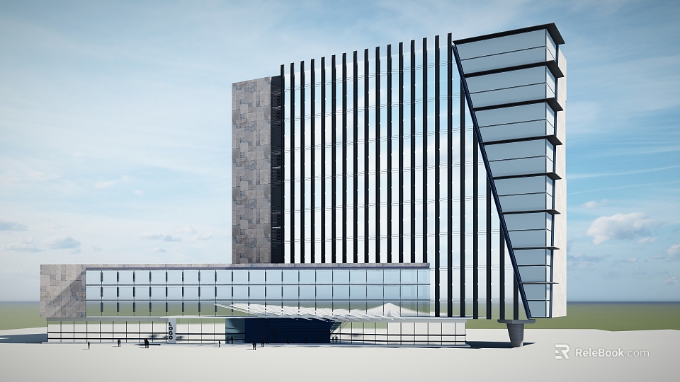 Modern Office Building Exterior With Glass Curtain Wall Vertical Stripes And Stone Accents 3d model 