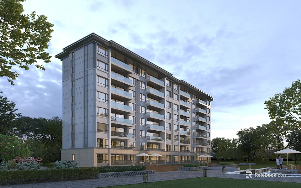 Modern Multi Storey Residential Building With Balconies Lush Greenery And Surrounding Trees 3d model 