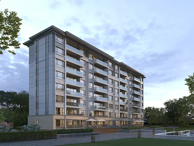 Modern Multi Storey Residential Building With Balconies Lush Greenery And Surrounding Trees 3d model