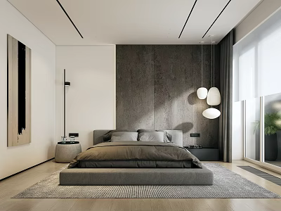 Modern Bedroom Interior With Platform Bed Textured Wall Pendant Lights And Wooden Floor 3d model