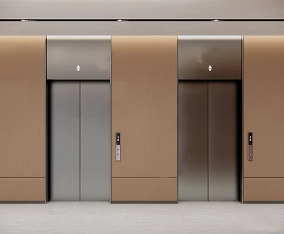 Modern Elevator Hallway Interior With Silver Doors And Brown Walls 3d model