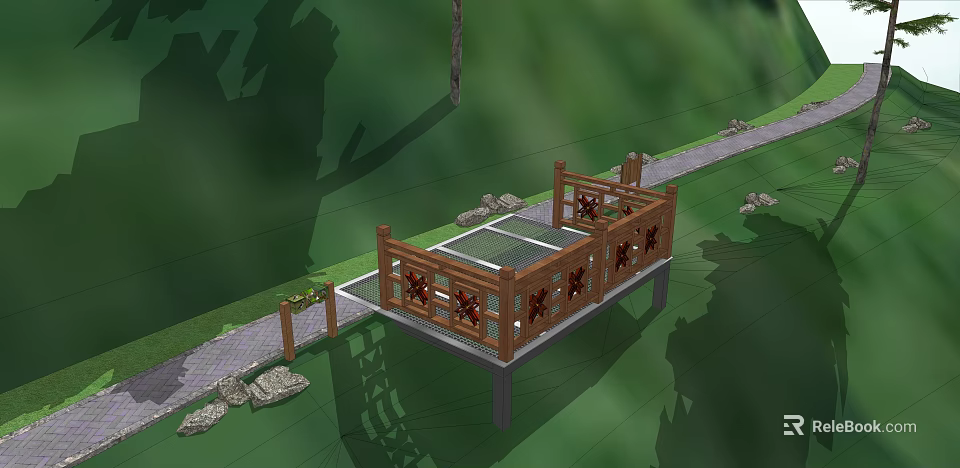 Outdoor Wooden Garden Deck With Decorative Railings Stone Path And Green Surroundings 3d model 