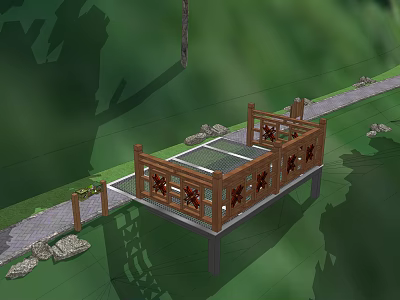 Outdoor Wooden Garden Deck With Decorative Railings Stone Path And Green Surroundings 3d model