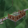 Outdoor Wooden Garden Deck With Decorative Railings Stone Path And Green Surroundings