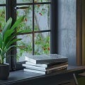 Cozy Desk Setup With Green Wall Window Potted Plant Table Lamp Open Book And Shelves