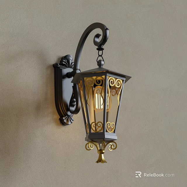 Ornate Vintage Style Wall Lamp With Metal Bracket And Glass Shade 3d model 