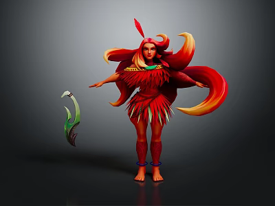 Fantasy Game Movie Character With Red Feather Decoration Red Yellow Hair And Green White Prop 3d model
