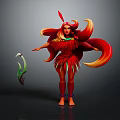 Fantasy Game Movie Character With Red Feather Decoration Red Yellow Hair And Green White Prop