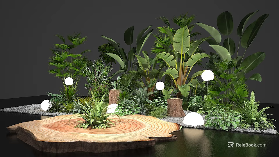 Lush Tropical Greenery With Large Leaves Wooden Platform And White Spherical Lights 3d model 
