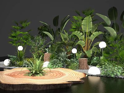 Lush Tropical Greenery With Large Leaves Wooden Platform And White Spherical Lights 3d model
