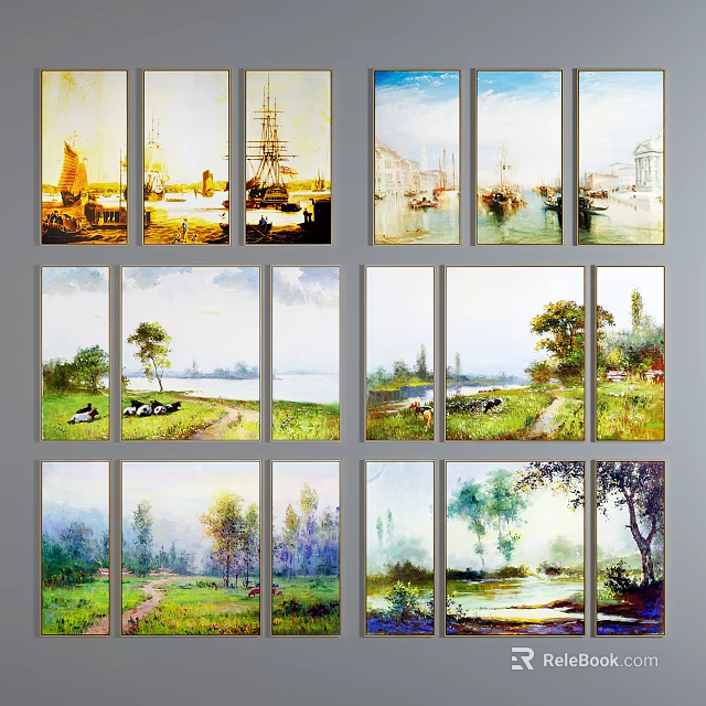 Multiple Oil Paintings Featuring Sailboats Seascape Cows Grassland And River Scenery 3d model 