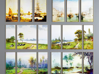 Multiple Oil Paintings Featuring Sailboats Seascape Cows Grassland And River Scenery 3d model