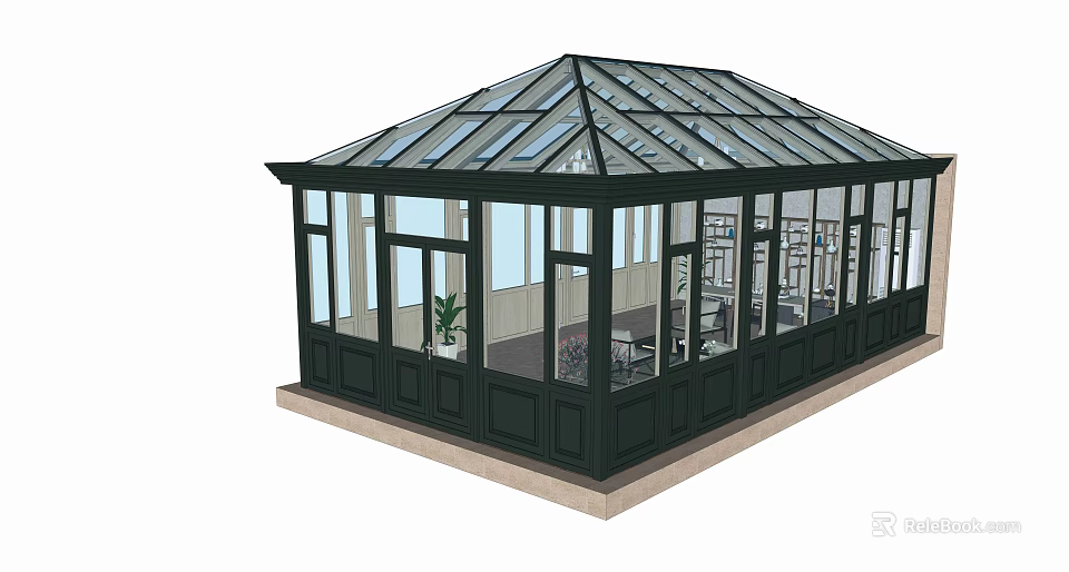 Octagonal Sunroom With Black Frame Glass Windows Light Base Indoor Plants And Furniture 3d model 