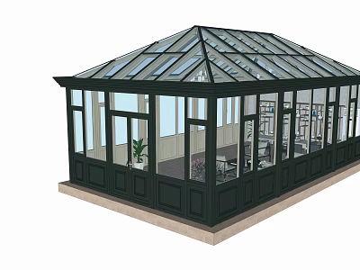 Octagonal Sunroom With Black Frame Glass Windows Light Base Indoor Plants And Furniture 3d model